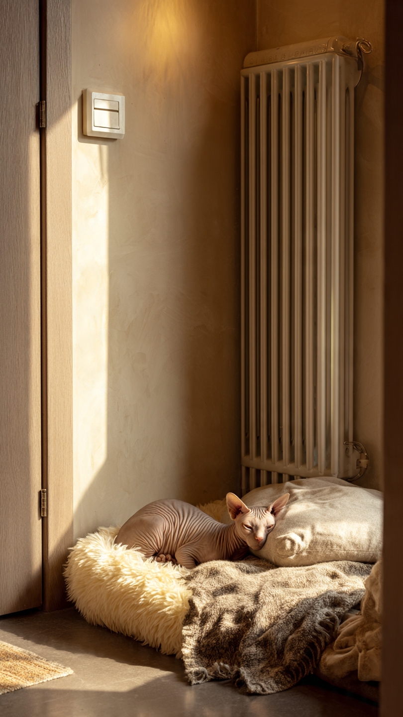 Radiador y manta para mantener caliente a un gato sphynx en criadero