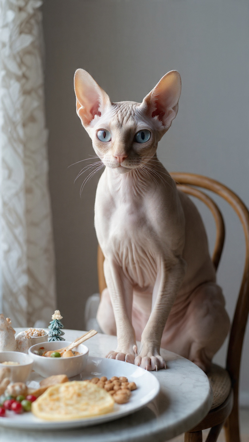 cena navideña con gato sphynx