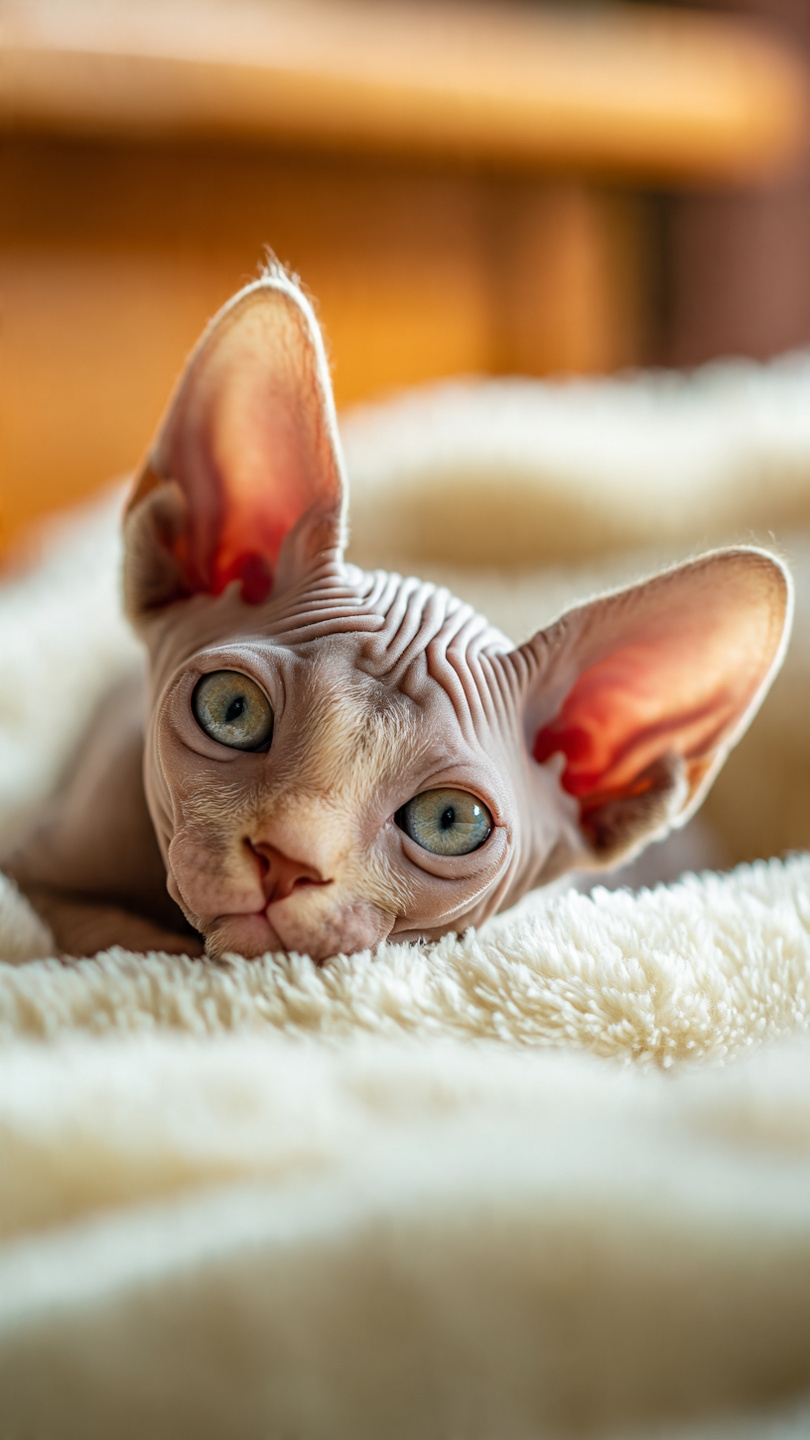 Gatito bebé sphynx con ojos azules acostado sobre manta suave color crema