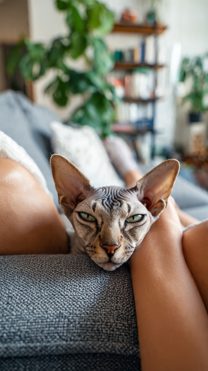 Signo de dinero rojo escondido detrás de un sillón claro, representando costos ocultos del gato sphynx