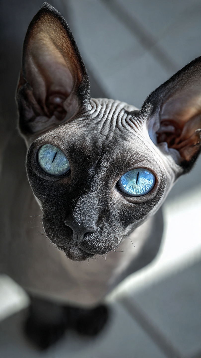 Gato sphynx con ojos azules dominantes por gen altai, mirando a cámara